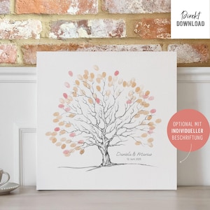 May include: A white canvas print with a hand-drawn tree design. The tree's leaves are created from fingerprints in pink and peach hues. The print is inscribed with the names "Daniela & Marius" and the date "12. Juni 2025". The words "Direkt DOWNLOAD" are at the top.