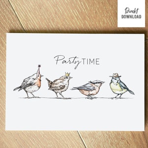 Fichier d'invitation à imprimer pour fête costumée, oiseaux avec chapeaux de fête, carte pliante pour auto-impression