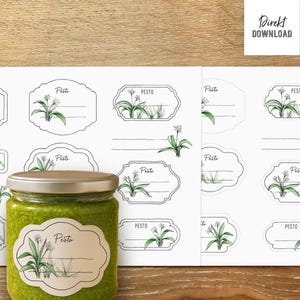 May include: Printable labels with a white background and black outlines. The labels feature a hand-drawn illustration of wild garlic and the word "Pesto".
