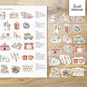 May include: A collection of illustrated stickers featuring ice cream, sushi, a bicycle, a circus tent, and a vintage van. The stickers are in a watercolour style with a rustic aesthetic. The text "Direkt DOWNLOAD" is in the upper right corner.