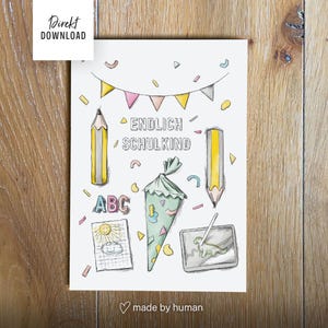 Printable card for starting school, pennant banner and school cone, finally a schoolchild, make and print a folding card