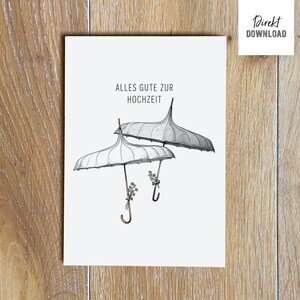 Imprimer la carte pliante Joyeux mariage avec parapluies et bouquets de fleurs