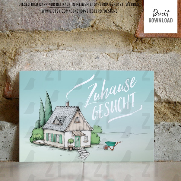 Niedliches Haus, Haus gesucht, Illustration für die Haussuche, für Kleinanzeigen, Postkarten, Flyer, Sofort-Download, Digitales Produkt