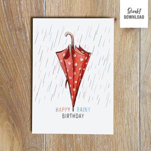 Fichier d'impression pour carte d'anniversaire d'automne avec parapluie et pluie pour l'artisanat, carte de vœux, carte pliante pour l'impression, téléchargement direct