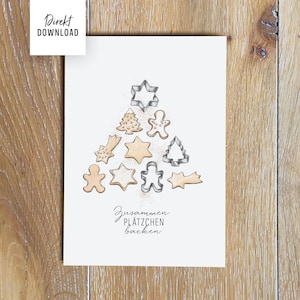 Könnte beinhalten: Eine weiße Karte mit einem Weihnachtsplätzchen-Design. Das Bild zeigt verschiedene Ausstechformen, darunter Sterne, Lebkuchenmänner und Weihnachtsbäume, die in Form eines Baumes angeordnet sind. Der Text "Zusammen Plätzchen backen" steht unten, und "Direkt Download" oben.
