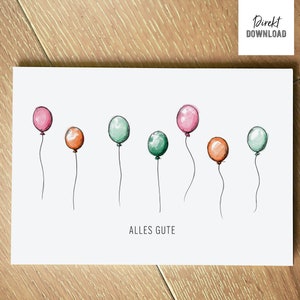 Stampa file biglietto di auguri Buon compleanno palloncini volanti, biglietto pieghevole per compleanni da stampare e realizzare, download diretto