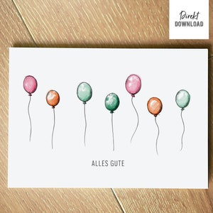 Printable Klappkarte Alles Gute, Illustration fliegende Luftballons Bild 1