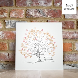 Baum-Motiv mit Bank, für Hochzeiten, Baum für Fingerabdrücke, Illustration, Digitales Produkt, Download