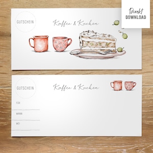 Gutschein Kaffee und Kuchen für DIN Lang zum Ausdrucken, Druckdatei Gutschein doppelseitig basteln