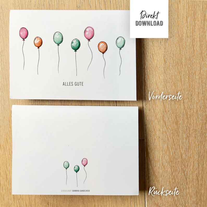 Printable Klappkarte Alles Gute, Illustration fliegende Luftballons Bild 2