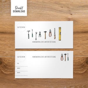 Cadeaubon voor doe-het-zelf-renovaties, DIN-formaat (lang), dubbelzijdig printbestand voor knutselprojecten.