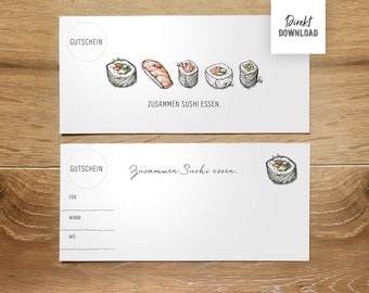 Voucher for eating sushi for DIN long, print file for making a double-sided sushi voucher