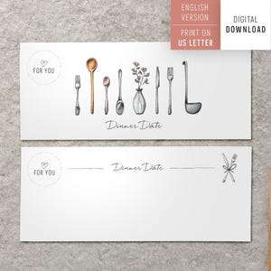 Vale de regalo para una cena romántica, carta imprimible en PDF, descarga digital, idea de regalo con ilustración dibujada a mano