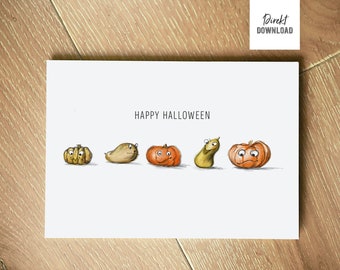 Printable Klappkarte Happy Halloween, Illustration fröhliche Kürbisse