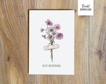 Print file card Get well soon, wishes for recovery with bouquet of flowers and plaster, folding card for printing and crafting, direct download