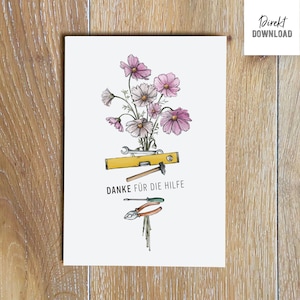 Printbestand bedankkaart bedankt voor de hulp, illustratie cosmea bloemen en gereedschap, downloaden, om af te drukken