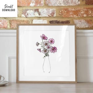 Mural de parede Flores de Cosmea com vaso, download direto, arquivo de imagem para impressão