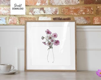 Wall mural Cosmea flowers with vase, direct download, image file for printing