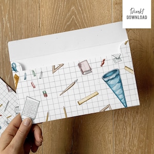 Envelope DIN long school enrollment school supplies motif, print file envelope for cards DIN long to print and craft, direct download