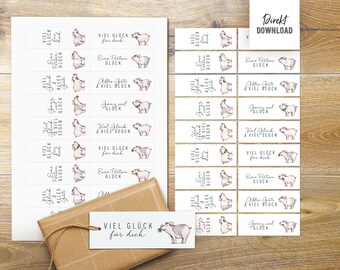 Etiquetas de regalo con diseño "Buena suerte", etiquetas imprimibles, etiquetas oblongas para regalos o decoraciones de mesa