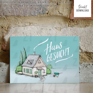 Casa carina, variante con la scritta 'House wanted', illustrazione per la ricerca di case, per annunci economici, cartoline, volantini, download istantaneo,