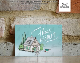 Cute house, variant with lettering "House wanted", illustration for house search, for classifiedads, postcards, flyers, instant download,