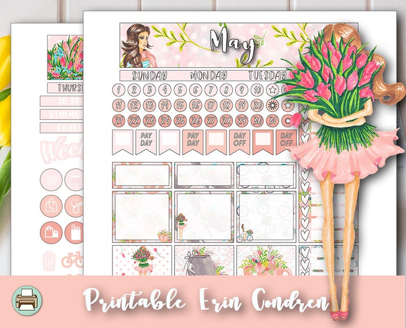 May Monthly Printable Erin Condren Planner Stickers Spring Flowers Pink May Art Kit Based Design Cricut Cut Files