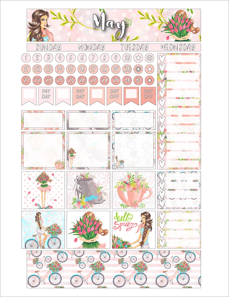 May Monthly Printable Erin Condren Planner Stickers Spring Flowers Pink May Art Kit Based Design Cricut Cut Files