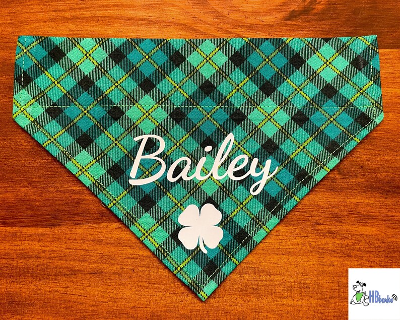 May include: A green and black plaid dog bandana with a white shamrock and the name "Bailey" printed on it.