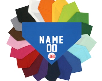 May include: A variety of colors of dog bandanas with a blue bandana in the center that has the text "NAME 00 LOGO" on it.