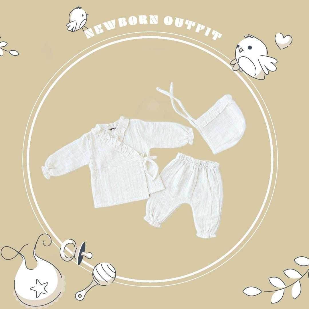 100% Cotton Neutral Muslin Kimono Coming Home Outfit, Newborn Set of 3 ...