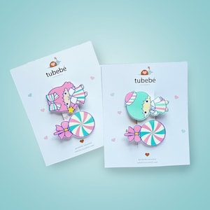 Juego de pinzas para el pelo kawaii para niñas: diseño de dulces y personajes adorables en colores pastel (2 piezas)