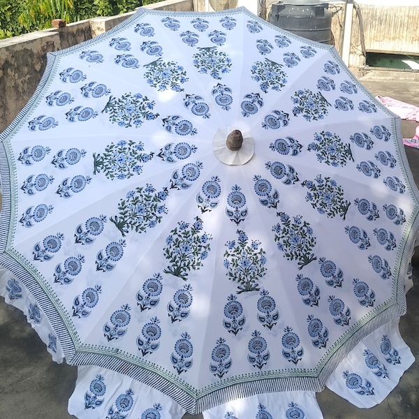 Garden Umbrella Indian Floral Patio Parasol Block Printed Large Umbrella,Beach Cafe Outdoor Umbrella,White Sun Shade Patio Mughal Umbrella