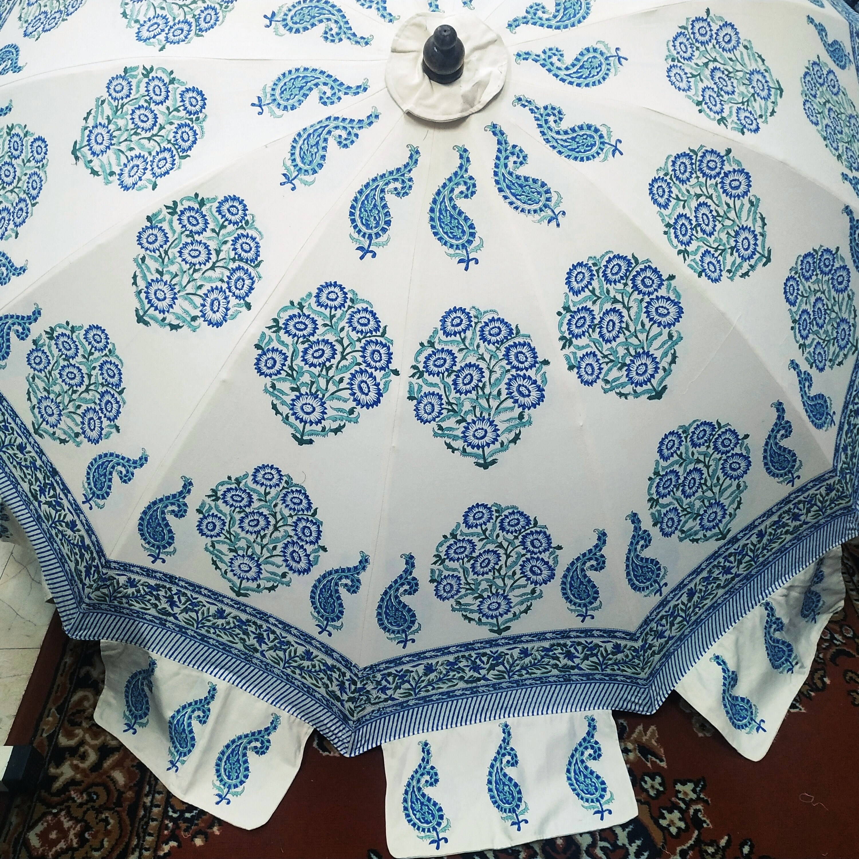 Garden Umbrella Blue Floral Patio Parasol Block Printed Large Etsy