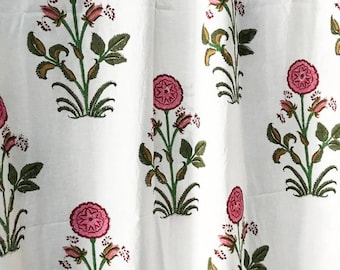 Indian Hand Block Printed Curtains , Mughal Cotton Curtain Panel, French Floral Sheer Cotton Curtains For Living Room Art Decor