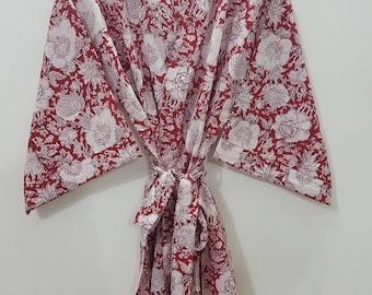 Red Kimonos, Floral Cotton Bathrobes, Hand Block Prints Robes, Boho Cotton Kimonos, Printed Bathrobes, Nightwear Kimono, Loungewear Bathrobe