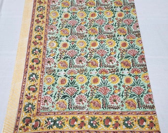 Indian Block Print Tablecloth, Floral Print Cotton Table Cover, Farmhouse Dining Cloth, Traditional Table Cover .