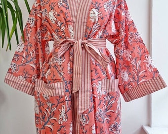 Pink Soft Cotton Kimono, Printed Cotton Robes, Handmade Cotton Robes, Printed Kimonos, Loungewear Robes, Bohemian Cotton Robes, Gift For Mom