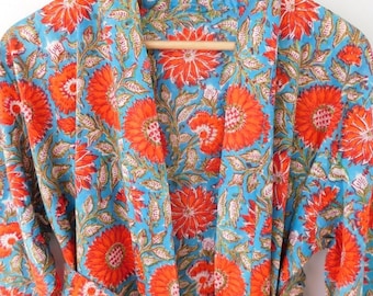 Robe d’impression à la main Robe kimono de plage indienne, robe kimono, robe en coton, robe de douche, robe de maternité Robe de bain Robe de chambre Beachwear long/court