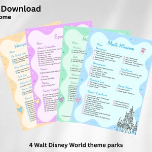 Puede incluir: Una lista de verificación imprimible para planificar un viaje a Walt Disney World. La lista se divide en cuatro secciones: Magic Kingdom, Epcot, Hollywood Studios y Animal Kingdom. Cada sección enumera los paseos y atracciones populares, que incluyen "It's a Small World", "Seven Dwarfs Mine Train" y "Frozen Ever After".