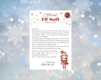 May include: A letter from the North Pole, addressed to Sofia, with the text "Official Elf Mail." The letter is decorated with snowflakes and a small illustration of an elf. The letter is signed "Love from Lola the elf."