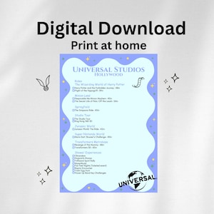 Puede incluir: Descarga digital imprimible en casa con una lista de atracciones de Universal Studios Hollywood. La lista está sobre un fondo azul claro con un borde ondulado y acentos de estrellas. El logotipo de Universal Studios está en la parte inferior.