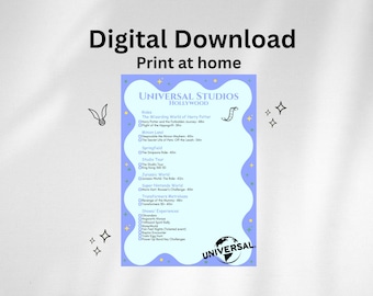 Universal Studios Hollywood Rides Checklist: Printable Trip Planner (PDF & PNG Files, Canva Edit Link)