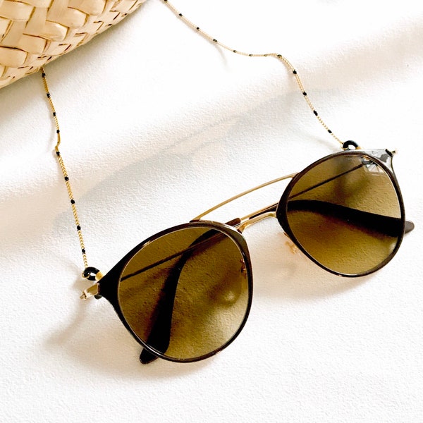 MAYA Chaîne de lunettes perlée noire en acier inoxydable doré