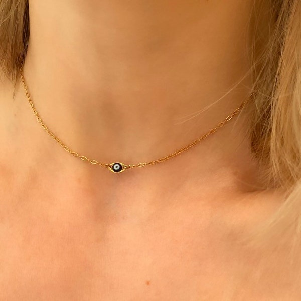 OJOS Collier ras du cou acier inoxydable doré et œil de Turquie doré à l’or fin 24k