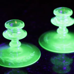 Vintage Engraved Green Vaseline Glass Candle Holder Set Fostoria Glass