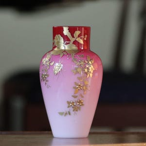 Antique Webb Uranium Peachblow Glass Vase with Bug