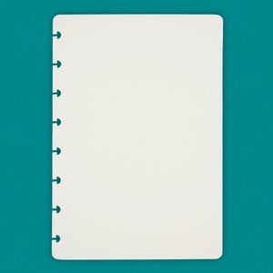 Könnte beinhalten: Ein weißes, leeres Papier-Notizbuch mit einer Spiralbindung auf der linken Seite. Das Notizbuch befindet sich auf einem türkisfarbenen Hintergrund.