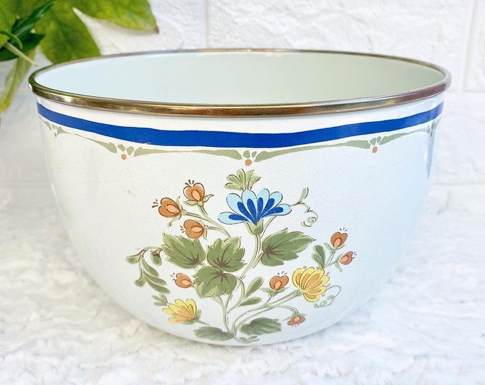 Vintage Kobe Kitchen Floral Enamelware Mixing Bowl, 1970s Kitchenware