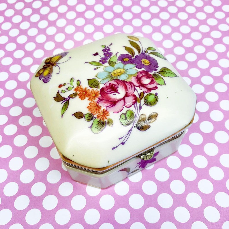 Shabby Chic Vanity Trinket Box Small Antique Floral Butterfly Jewelry Box